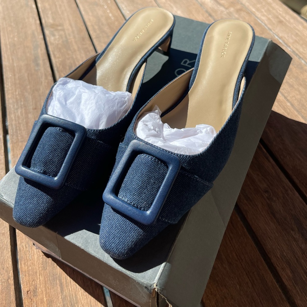 Ann Taylor Women's Denim Buckle Mule Heels